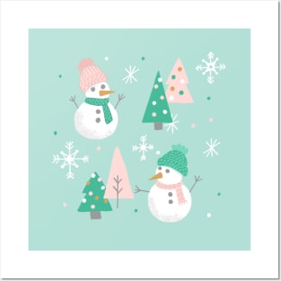 Cozy Snowmen on Mint Posters and Art